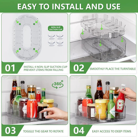 Steps to install 2 Pack Rectangular Lazy Susan Turntables For Refrigerator And Kitchen Storage, showing suction cups and rotation