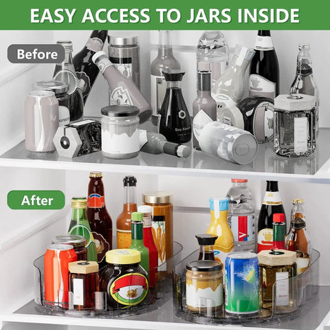 Before and after using 2 Pack Rectangular Lazy Susan Turntables For Refrigerator And Kitchen Storage, showcasing clear rotating organizers.