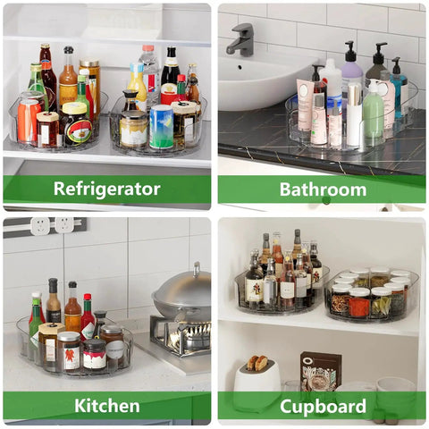 2 Pack Rectangular Lazy Susan Turntables For Refrigerator And Kitchen Storage, 360 Degree Rotating Clear Organizers shown in use