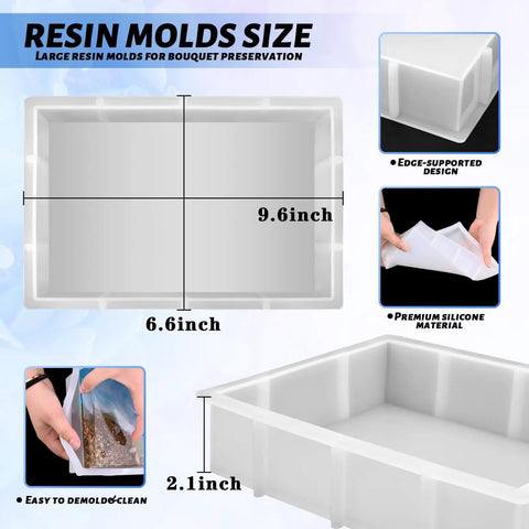 Diagram showing 9 Inch Rectangular Silicone Molds For Epoxy Resin Deep Casting Crystal Mold with dimensions and features