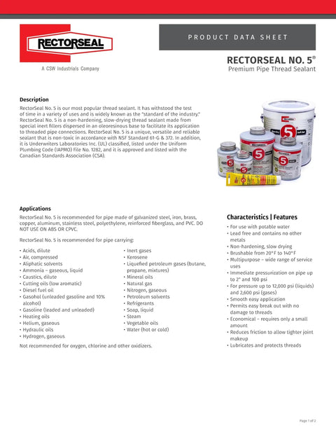 Product data sheet showing Non Hardening Pipe Thread Sealant With Soft Set And Slow Drying For Easy Breakout, RectorSeal No 5 25631.