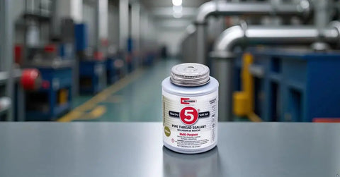 Container of No 5 Pipe Thread Sealant That Keeps Threads Moving Smoothly With A Non Hardening Slow Drying Formula 8 Oz By RectorSeal on table.