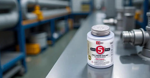 No 5 Pipe Thread Sealant That Keeps Threads Moving Smoothly With A Non Hardening Slow Drying Formula Soft Set For Easy Breakout And Tight Seal Lubricates And Protects Threads Contains No Other Metals 8 Oz By RectorSeal on metal surface in industrial setting