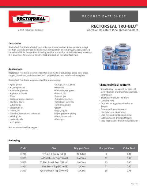 Product data sheet for Tru Blu PTFE Enriched Pipe Thread Sealant For High Vibration Plumbing, featuring product containers and details.