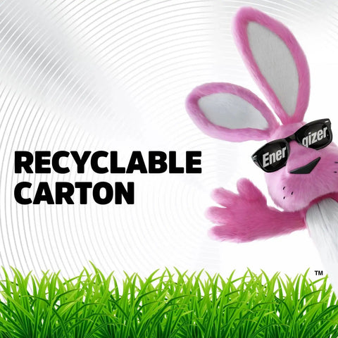 Energizer bunny with sunglasses and text 'Recyclable Carton' above grass, promoting sustainable packaging.