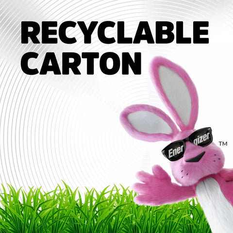 Energizer mascot with glasses next to text 'Recyclable Carton' over grass, related to Alkaline AAA Batteries 32 Pack Long Lasting for Electronics and Emergency Gear