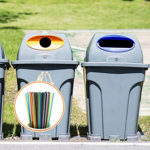 Recycling bins with inset of colorful welding rods, representing 20 Pcs 8 Inch Black PP Plastic Welding Rods Kit For Polypropylene Welding Strips Pro Grade For Car Bumpers Kayak Repair And General Plastic Repairs Meccanixity.