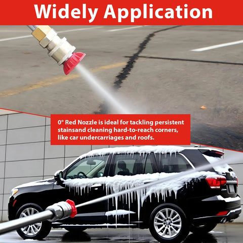 Pressure washer nozzle set: 0-degree red tip with 1/4 inch quick-connect, 7-pack replacement tips for up to 4000 PSI.