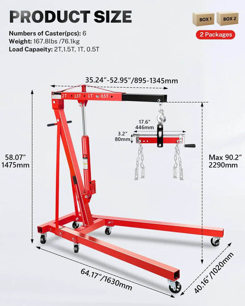 2 Ton Hydraulic Engine Hoist With Lever Folding Cherry Picker 6 Locking Wheels 4 Boom Positions Heavy Duty Engine Crane in red.