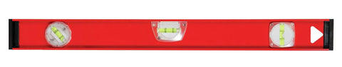 Red 24 Inch I Beam Level With Rotating Vials For Pro Grade Framing Carpentry And Metalwork, featuring 360 degree vial system visible.