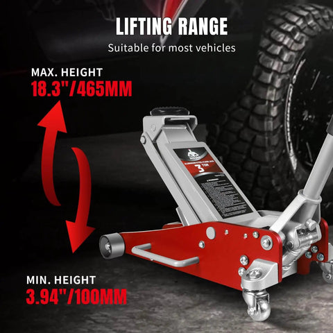 Low Profile 3 Ton Racing Floor Jack With Dual Pistons Quick Lift Pump For SUVs And Trucks Aluminum And Steel Construction 58.5 Lb Red Lifting Range 3-15-16 To 18-5-16 Inches Includes Rubber Saddle And Heavy Duty Design shown in red by car wheel.