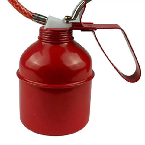 Easy Grip 400ml Manual Oiler Can With Red Lever for precise lubrication, featuring flexible hose, hand pump for machinery maintenance.