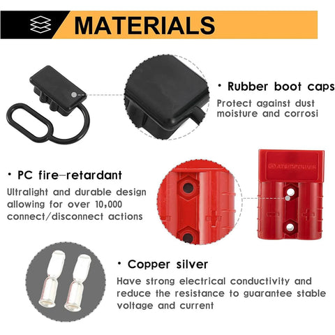 Materials of 50 Amp Battery Quick Connect Disconnect Plug Kit, 6 To 10 Gauge Wire Harness, 4 Pack Red Quick Connect Plugs