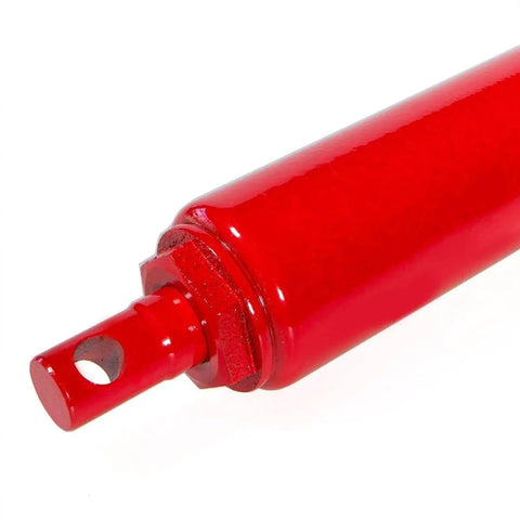 Close-up of BeefedUp 8 Ton Hydraulic Ram Engine Lift Hoist Clevis Base, red painted finish, for garage and shop cranes.