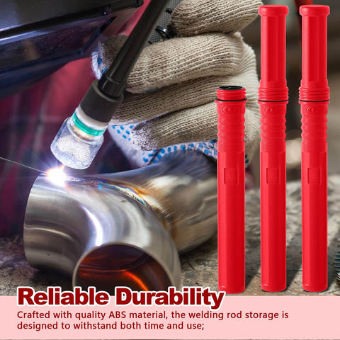 Red 40 Inch TIG Welding Rod Storage Canisters Two Pack With Airproof Waterproof ABS Construction next to welding scene