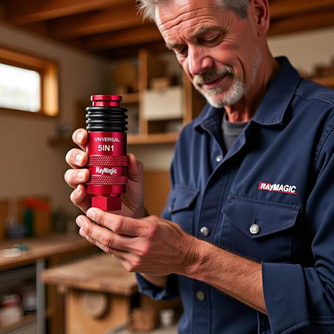 Man holding Five In One Universal Quick Connect Air Coupler For 1/4 Inch Female NPT, Red Body in workshop