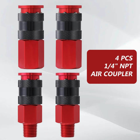 Universal Air Coupler And Plug Kit For Quarter Inch NPT Quick Connect Interchange Compatible With I M Aro And T Type 14 Piece Set With Female And Male Plugs In Red, showing four red couplers arranged vertically