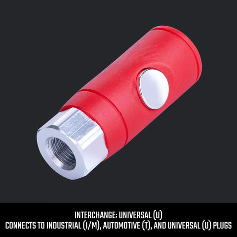 Push Button Air Coupler Female 1/4 Inch NPT Quick Disconnect For Industrial And Automotive Air Lines, Compatible With Industrial, Automotive, And Universal Plugs, One Press Disconnect, Built In Safety For Easy Safe Release, red body, button