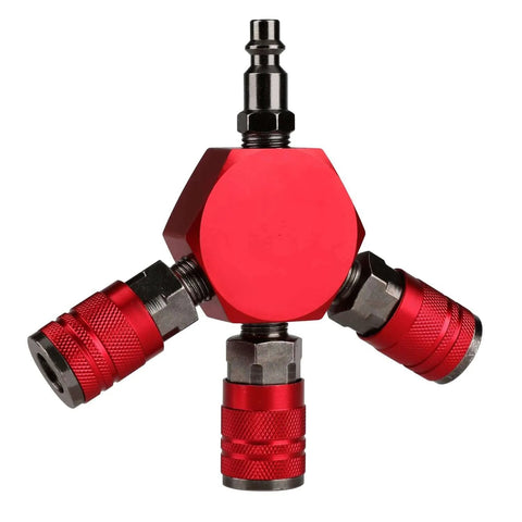 Front view of 3-Way Air Manifold With Four Ports Aluminum Flat Hex Quick Connect Air Hose Splitter, red and silver with steel couplers.