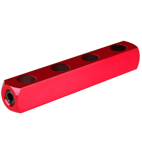 4 Way Straight Air Manifold With 5 Ports Aluminum Inline Pneumatic Splitter For Pros And DIYers, red anodized body