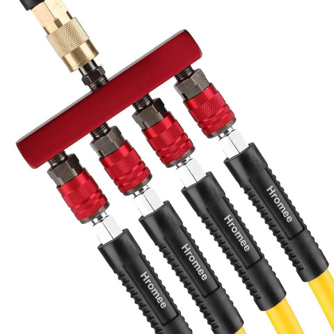 4 Way Straight Air Manifold With 5 Ports Aluminum Inline Pneumatic Splitter, red anodized, with quick connect sockets and couplers