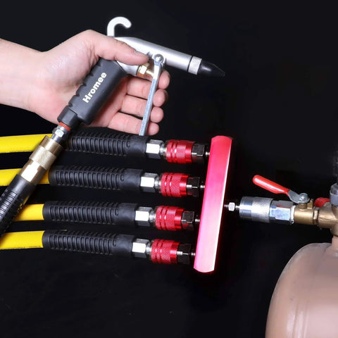4 Way Straight Air Manifold With 5 Ports Aluminum Inline Pneumatic Splitter For Pros And DIYers, installed with tools connected