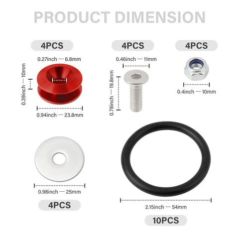Red Aluminum Bumper Quick Release Kit With O Ring Fasteners, Spacers, Screws And Nuts Universal Front And Rear Bumper Clips