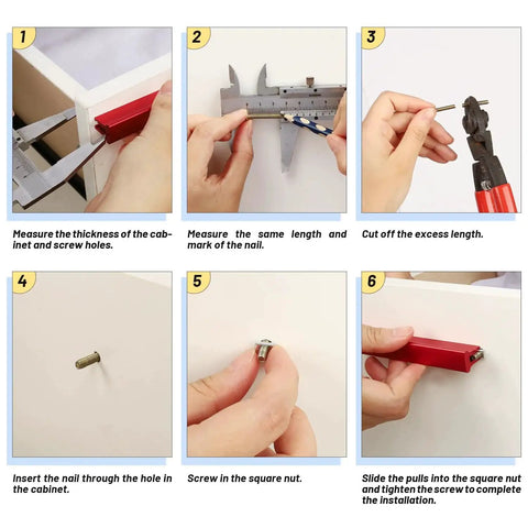Installation guide for Six Pack Adjustable Cabinet Handles in red aluminum for kitchen drawers and cabinets, step-by-step instructions.