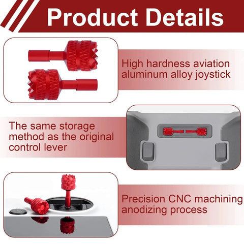 DJI 2 Pack Detachable Aluminum Alloy Joysticks For Mini 4 Pro Mini 3 Pro Air 3 Mavic 3 Pro RC 2 Remote Controllers Replacement Accessories Red pictured with product details and storage method.