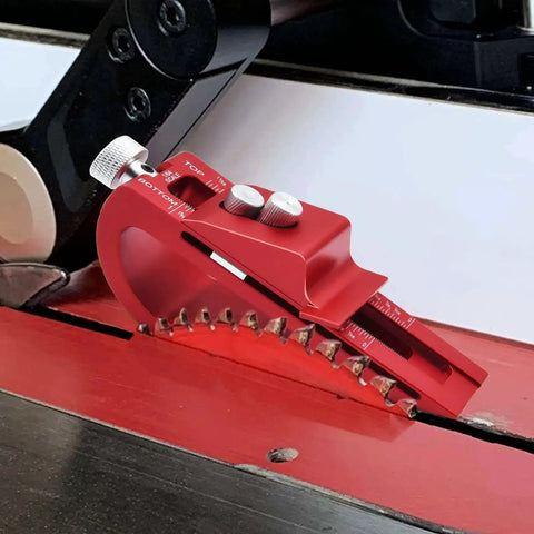 Setup Block Height Gauge for Precise Woodworking, Go-To Quick-Adjust Aluminum Tool for Router and Table Saw on workbench.