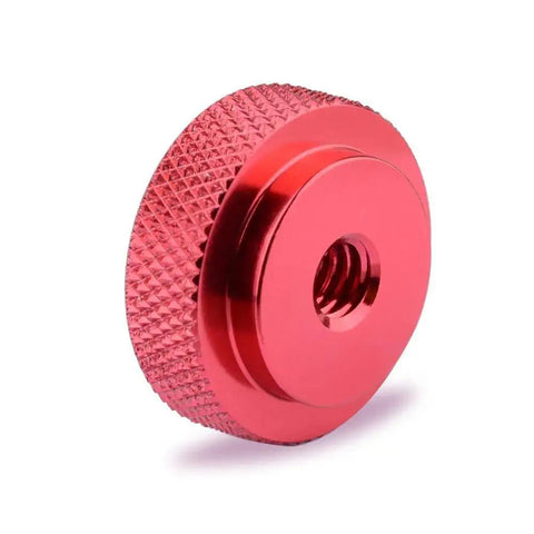 1/4-20 Female Thumb Wheel Lock Nut Adapter in Aluminum Alloy with Red Knurled Edge, 25mm Diameter, 10mm Thick