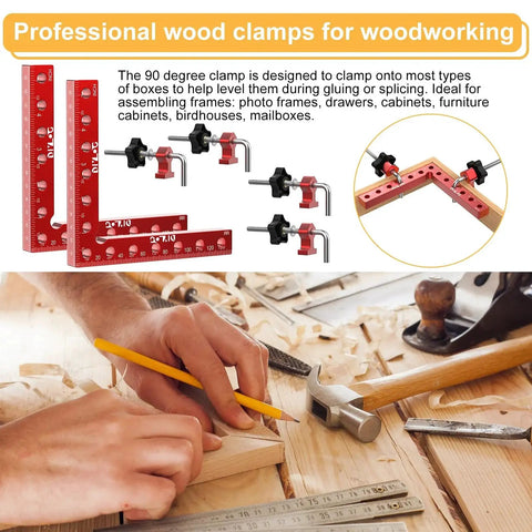 90 Degree Corner Clamp For Woodworking Aluminum Alloy Right Angle Positioning Squares Four Pack 5.5 Inches By 5.5 Inches Red Anodized Surface Anti Rust And Corrosion Resistant Precision Tools For Picture Frames Cabinets Drawers And Boxes, displayed in woodworking setup with hands measuring and tools visible.