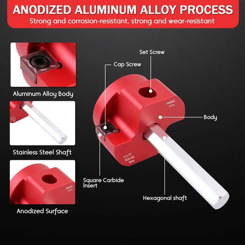 One And A Half Inch Plastic Pipe Reamer With 2 Carbide Square Blades For PVC CPVC And ABS Pipes Ideal For Drains Water Pipes And Ventilation Systems Red Color Heavy Duty Hand Tool For Fast Cleanup And Reuse Of Fittings showing aluminum alloy body and square carbide insert.