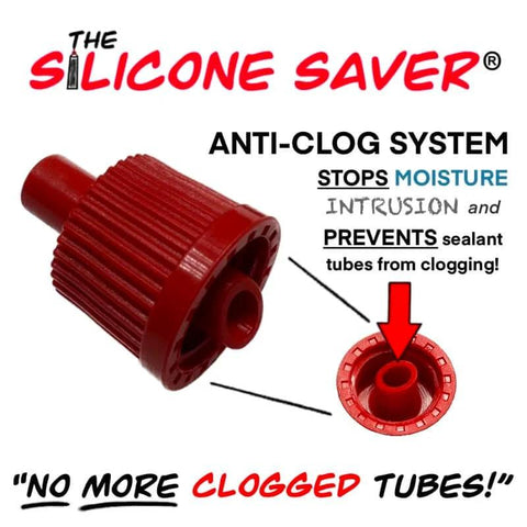 Anti-Clog Dispenser Caps For RTV Silicone Sealant 3oz Flexible Tubes shown in red with anti-clog design and detailed nozzle view.