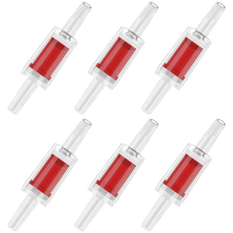 Six Pawfly red plastic inline aquarium check valves for 3/16 inch airline tubing.