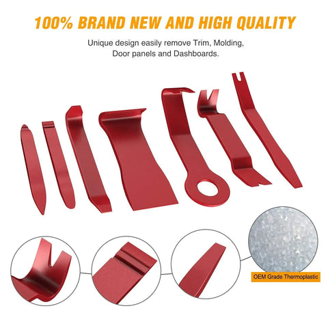 8 Piece Auto Trim Removal Tool Kit For Car Interior Dash Panels Window Molding And Fasteners Nylon Durable Impact Resistant Includes 7 Panel Tools And 1 Fastener Remover Red displayed on white background with inserts showing details.