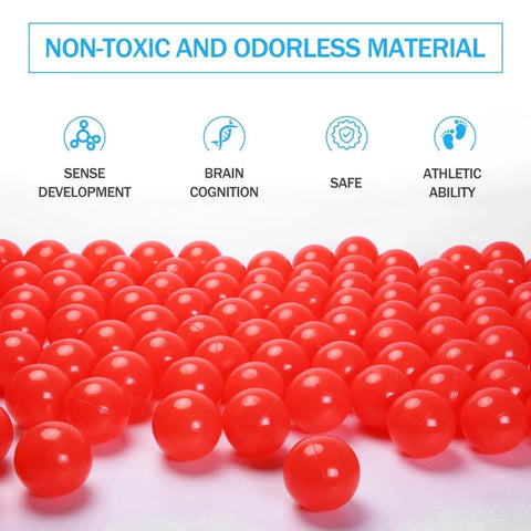 2.75 Inch Big Ball Pit Balls - Crush Proof Plastic Balls for Ball Pit Pack of 50pcs Set for Toddlers Ball Pool Playtent Tunnels with Reusable Storage Bag (Red), displayed with non-toxic label and benefits icons