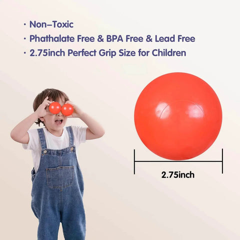 Child holding 2.75 Inch Big Ball Pit Balls - Crush Proof Plastic Balls with a red ball next to size text, ideal for toddlers.
