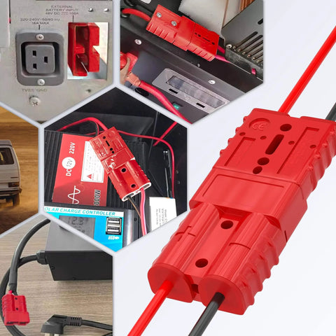 Four Pack 50 Amp Battery Quick Connect Disconnect Connector Kit For 6 To 12 AWG Cable 600V Wire Harness Plug For Car Winch And Trailer Use In RVs Boats And More showing red connectors with cables and installations