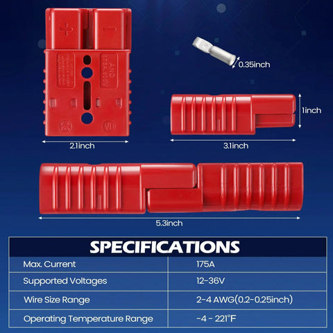 Six Piece Beefy 2 To 4 Gauge 175 Amp Battery Quick Connector Kit 12 To 36V showing red plug dimensions and specifications