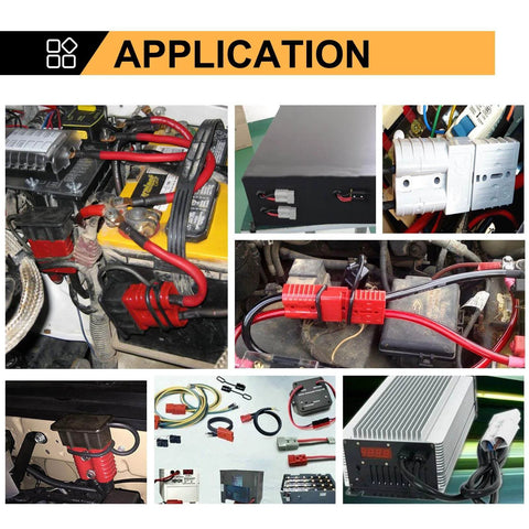 Collage showing 50 Amp Battery Quick Connect Disconnect Plug Kit, 6 To 10 Gauge Wire Harness in various automotive and electrical setups.
