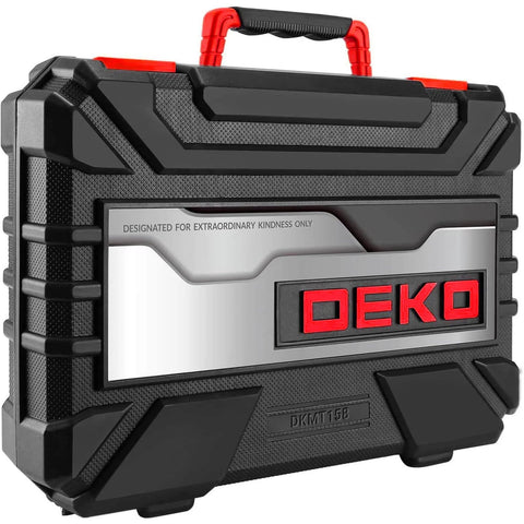 158 Piece Home Tool Kit With Plastic Storage Case, shown closed with a black and red design and carry handle