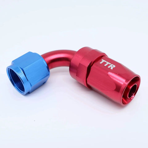 Close-up of red and blue swivel fitting from Three Eighth Inch Stainless Steel Braided Fuel Line Hose E85 Compatible Kit