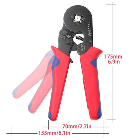 Easy crimp tool for All In One Wire Ferrules Kit With 1100 Pcs Tinned Copper Crimp Connectors, showing dimensions and red handle.