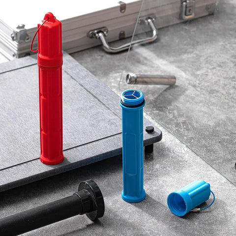 Red and blue Double Pack Tungsten Holder for TIG Welding Rods, 7.9 Inch Storage Tube With Magnetic Base, on a workbench