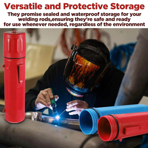 Welder working with Two Pack 14 Inch Welding Rod Storage Tubes in Red and Blue, waterproof electrode canisters in use.