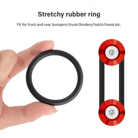 Red Aluminum Bumper Quick Release Kit with O Ring Fasteners showing rubber ring and assembled view with two red clips