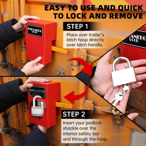 Protect valuables with a heavy duty door lock kit built for cam bar style latches on shipping containers, semi trailers, and conex lids, including a padlock and rugged housing for anti theft security and durable weatherproof protection. Image shows installation steps of red lock on yellow trailer.