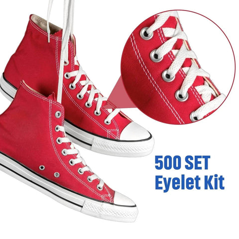 Red sneakers with silver eyelets highlighting 500 Pcs Grommet and Washer Kit for Leather, Fabric and Bags 1/4 Inch Inner Diameter Silver Finish Eyelets.