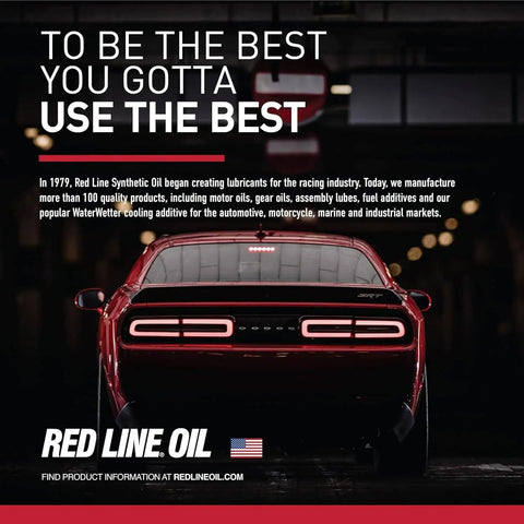 Rear view of a red sports car at night, featuring "To Be the Best You Gotta Use the Best" slogan with Red Line Oil branding.